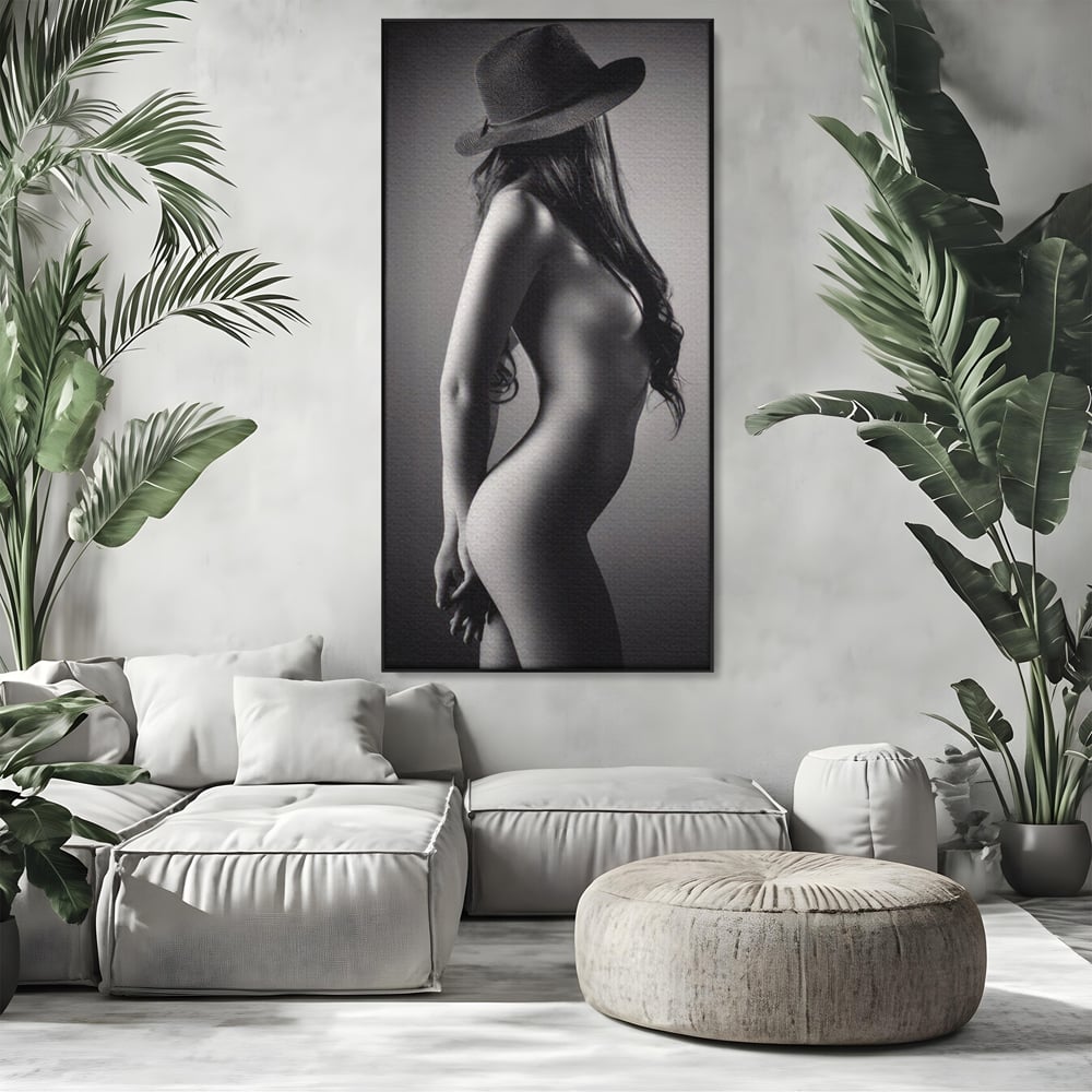 Tablou canvas cu tablou canvas cu silueta de femeie, in rama de aluminiu negru, pe perete intr-un living